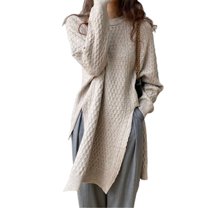 Pull épais de style coréen avec longue longueur automne asymétrique solide col rond fendu irrégulier conception coréenne de pâte frite - Product Image 1