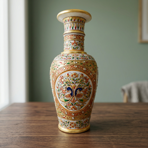 Grand vase décoratif de table Rajasthani Art Déco en marbre peint à la main avec motifs floraux et de paons, style Meenakari - Product Image 3
