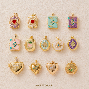 Galería de Relicarios Barrocos |   Colgante de latón chapado en oro de 18 quilates con esmalte pintado a mano y perlas florales, ideal para la creación de joyas. - Product Image 5