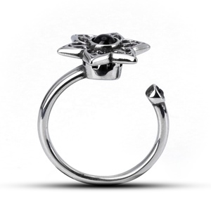 316L Stainless Steel <b>Fidget</b> <b>Rings</b> Hexagram Flower Shape Black Gemstone Inlay Open Adjustable Retro Jewelry for Men Women Daily - Product Image 3