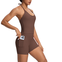 Setelan Yoga Dua Potong Warna Solid dengan Detail Brushed-back, Halter-neck, dan Saku, Termasuk Celana Pendek Olahraga Lari