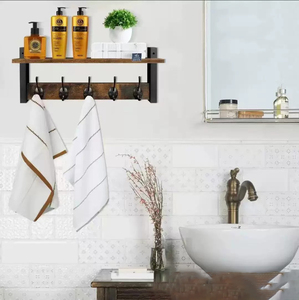 Porte-manteau mural avec étagère, en bois rustique, avec 5 crochets métalliques, <span class=keywords><strong>pour</strong></span> entrée, avec étagère supérieure <span class=keywords><strong>pour</strong></span> le rangement - Product Image 2