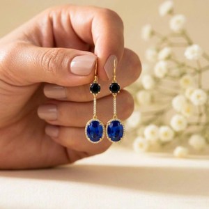 Natural Blue Sapphire <b>Earrings</b> with Black Obsidian Gemstone Dangle Design Elegant Deep Blue Jewelry Gift Women <b>Fine</b> <b>Earrings</b> - Product Image 3