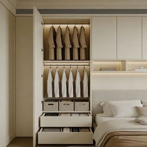 Armoire moderne simple à finition brillante |   Design intégré beige + étagères latérales |   Meubles de rangement pour vêtements de chambre à coucher sur mesure - Product Image 4