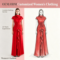 Gaun Maxi Formal Wanita Merah dengan Kerah Draped, Lengan Pendek, Pinggang Berkerut, dan Bagian Depan Draped untuk Acara Spesial