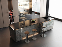 Meuble îlot multifonctionnel moderne en bois foncé avec bar, éclairage LED, zone vin et buanderie, unité de maison personnalisée, robinet, charnière, tiroir et panier