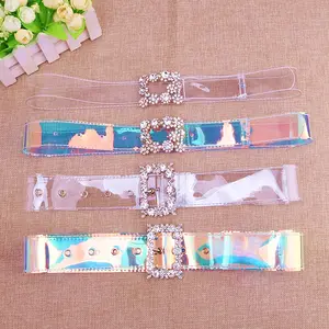 Sabuk Hologram Lebar Laser Wanita, Gesper Kotak Persegi Panjang PVC Sabuk Transparan Bening Tali Hologram Mode Wanita