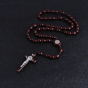 Komi Vintage Religious Beads Catholic Wooden Rosary Necklace Unisex Long Strand Necklaces Jesus Cross Pendant R-024