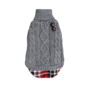 Classic Cable Knit Turtleneck Dog Sweater, Warm Gray Pet <strong>Jumper</strong> with Red Plaid Hem, Winter Dog Clothes for Small Medium Dogs - Product Image 1