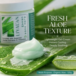 Crème à l'Aloe Vera Apaisante Réparatrice Brûlures Solaires Piqûres d'Insectes Anti-Rides Extrait Herbal Enrichi en Vitamines Hydratant Visage et Corps 120g Végan OEM - Product Image 2
