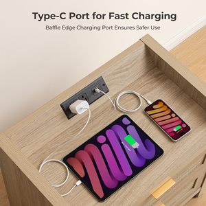 Type-C Charging Station Nightstands Set 2 Bedside <strong>Table</strong> 2 Drawers <strong>Storage</strong> Boho Light Oak <strong>End</strong> <strong>Table</strong> for Bedroom Office Rattan - Product Image 4