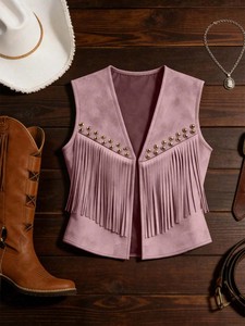 Wholesale New Western Cowgirl Faux Suede Sleeveless Vest Metal Rivet Fringe Open Front Slim Vintage Ethnic Layering <strong>Waistcoat</strong> - Product Image 3