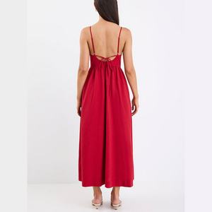 Nouvelle Arrivée Robe Longue Rouge Sans Manches Col V pour Femme, Bretelles Fines, Coupe Ajustée, Douce, Dos Lacé, Qualité Supérieure - Product Image 2