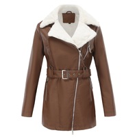 Nouvelle Veste en Cuir Doublée Polaire à Manches Longues pour Femme, Modèle Hiver 2026, Meilleure Vente, Col Rabattable Double, Fermeture Éclair et Ceinture