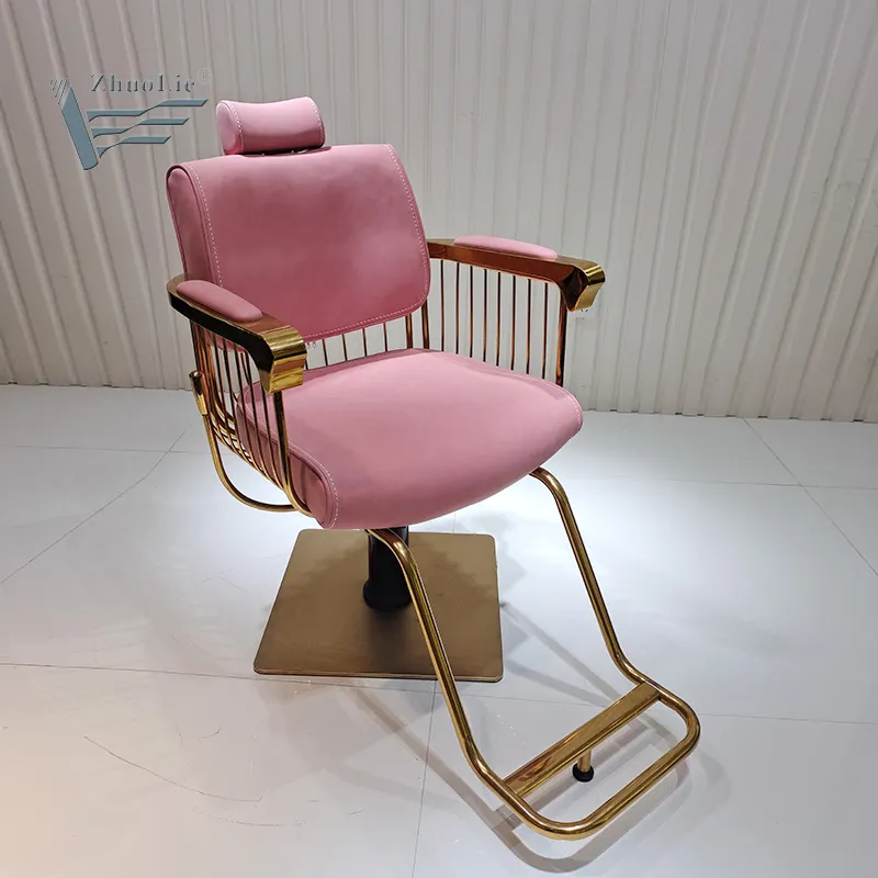 Wholesale Classic Pink Gold Barber Chair Reclining Hair Salon Furniture Styling Chair with Footrest Head Cushion