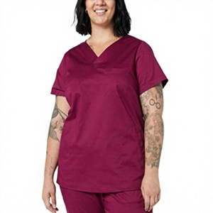 Women's Burgundy V-Neck <b>Scrub</b> <b>Top</b> Cotton Polyester Woven Hospital Uniform <b>Scrub</b> <b>Tops</b> - Product Image 1