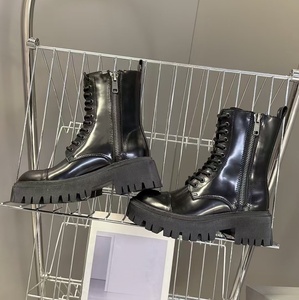 Black glossy leather thick-soled Martin <b>boots</b> with laces with leather straps for motorcycle wear women's mid-calf <b>boots</b> - Product Image 2