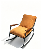 Fauteuil à bascule moderne en cuir véritable orange avec coussin capitonné en mousse à mémoire de forme, accoudoirs en bois massif et structure à bascule en métal noir