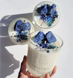 Private label handmade soy wax candle glass jar dried flower crystal scented candle with lid