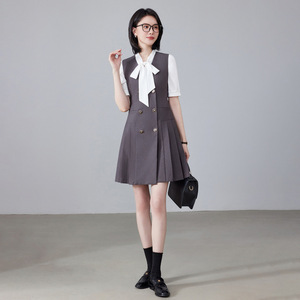 Preppy Style Sleeveless Vest Dress For Women With <b>Bow</b> Neckline Pleated Skirt Workwear Career Dress - Product Image 4