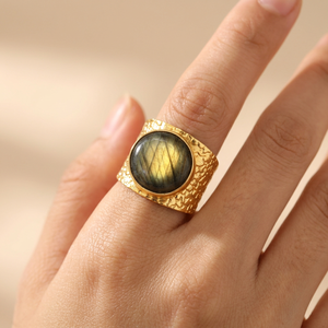 Natural Fire Labradorite Round Stone <b>Ring</b> Vintage 18k <b>Gold</b> Plated Solid Brass <b>Cocktail</b> <b>Rings</b> Unisex Fashion Jewelry Accessories - Product Image 1