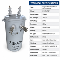 Transformateur monophasé à montage sur poteau Wanbo-458 75 kVA, 7970 V 277 V X1 X2 ONAN IEC 60076 ANSI C57.12