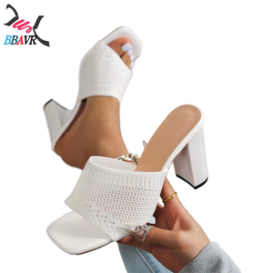 2026 Summer Women's Korean Style Solid High Heel Slippers Fashion Square Toe Thick Heel <b>Open</b> Toe Casual Sandals PU Outsole - Product Image 1