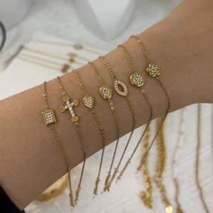 Custom Wholesale Jewelry Link Chain Zircon Flower Cross Bracelet <b>Charms</b> 18K Gold Plated Stainless Steel Bracelet for Women - Product Image 1