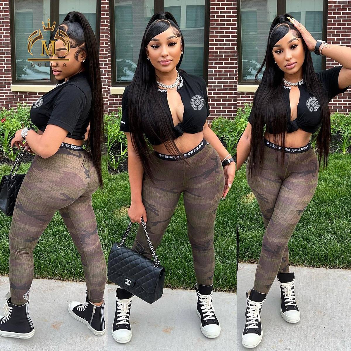 Women's Luxury Clothing 2023 Casual Women Outfits Print Short Sleeve Shirt Leggings Two Piece Pants Sets Leisure Women's Outfits 