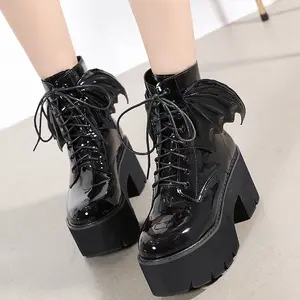 INS PU Leder Angel Wing Platform Schnür reiß verschluss High Heels Gothic Style Wedges Schuhe Stiefel für Frauen