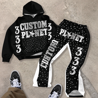 Ensemble de survêtement deux pièces personnalisé pour homme avec impression 3D en relief, sweat à capuche et pantalon de jogging large color block, décoré de points en strass, style streetwear