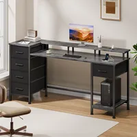 Bureau de jeu en forme de L avec grain de marbre, support pour écran + station de charge et tiroirs