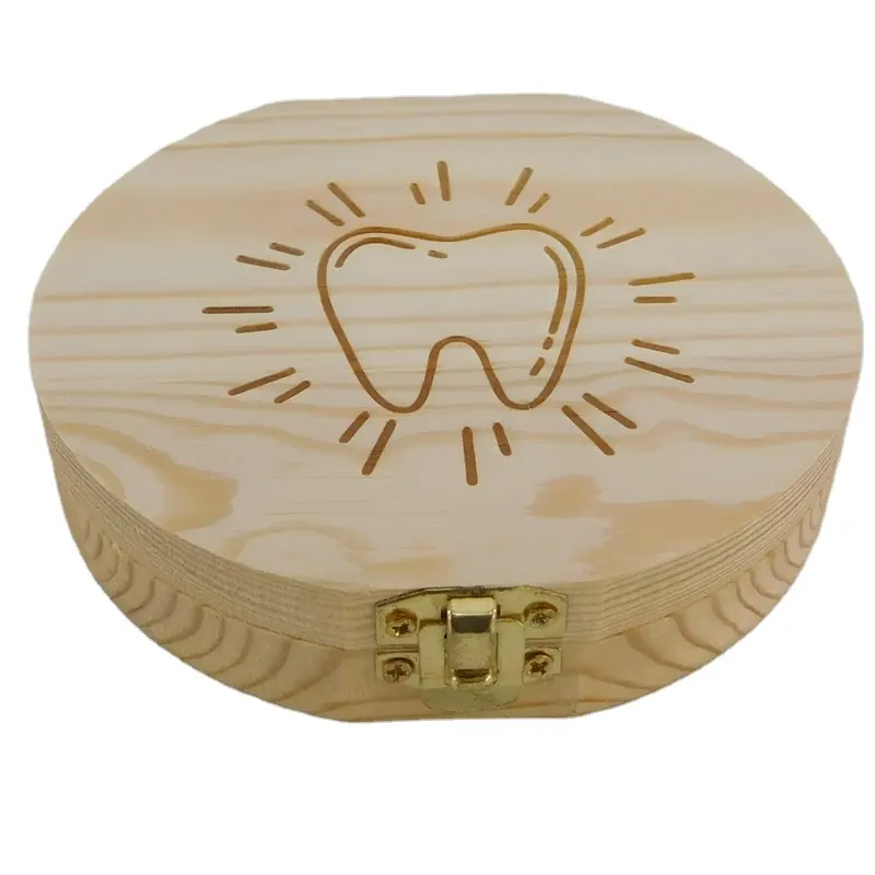 Boîte de rangement de dents de lait pour enfant en bois de pin rond non fini