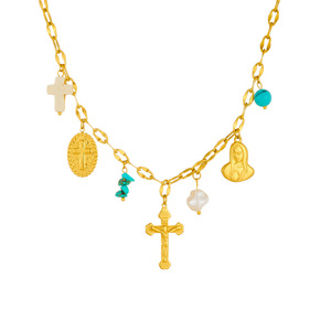 Gold Plated Stainless Steel Cross Pendant Necklace With Virgin Mary Pearl And Turquoise Charms For Religious Ceremonies Unisex - Product Image 5