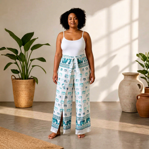 Pantalon large bohème taille haute imprimé motif éléphant en rayonne infroissable séchage rapide respirant coupe droite longueur complète - Product Image 1