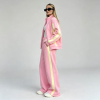 Produsen Pakaian Custom Baggy Casual Streetwear Heavyweight pink Cotton Fleece Zipper Tracksuit Wanita 2 Potong Set