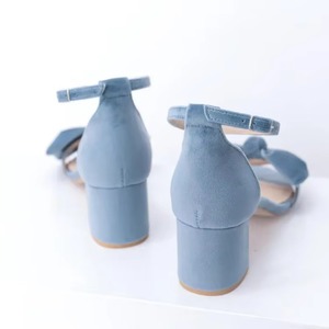 High Quality Summer Blue Block <b>Heel</b> Sandals with Bow Ankle Strap Open <b>Round</b> <b>Toe</b> Women's Sandals for Both Prom Evening Look - Product Image 4