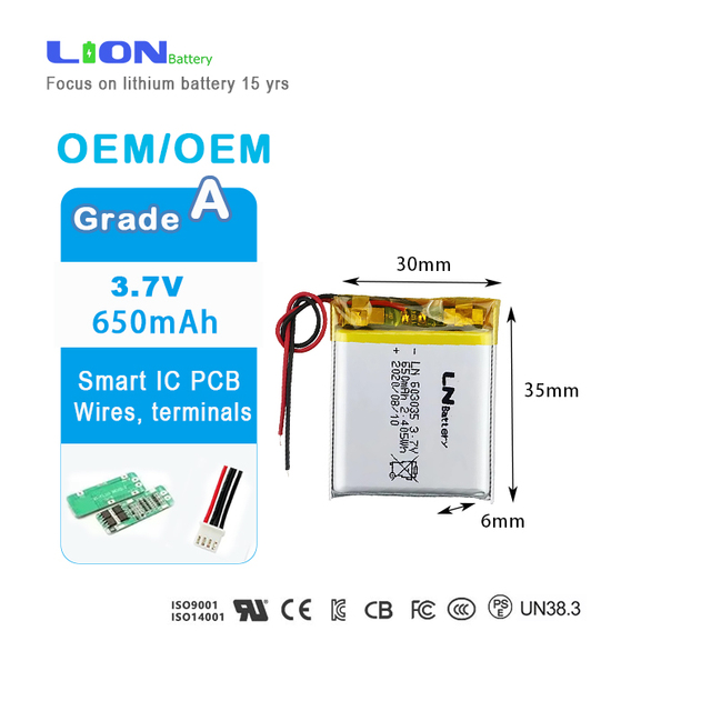 High Quality UL KC Un38.3 Certified Rechargeable Pouch Lithium-Ion Polymer Battery 3.7V 650mAh  Lipo 603035 Lithium-Ion Battery