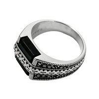 Kaanjewelry 925 Sterling Silber Ring mit Eingelegtem Schwarzen Achat Retro-Muster Breiter Ring Herren Strukturierter Zeigefingerring