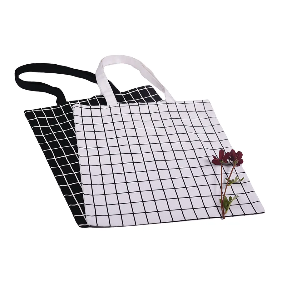 Small MOQ Fashion Shopping Print Women Cotton Canvas Tote Bag with Grid Printed With Zipper Pocket Inside Bag