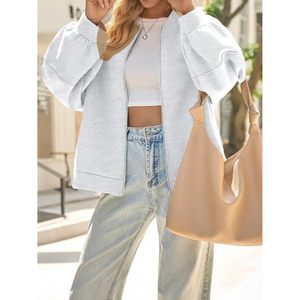 Sudadera con cremallera para mujer, chaqueta bomber, manga farol, ropa exterior informal de otoño de gran tamaño - Product Image 6