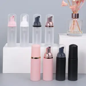 empty 1oz 2oz black pink frosted pet plastic foaming soap bottles with gold foam pump for facewash Facial lash cleanser bottle