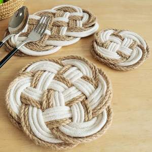 Set de table rond de style nordique en mélange de lin, couleur unie blanche, lavable, tricoté à la main en fil de coton, résistant à la chaleur - Product Image 4
