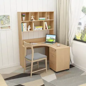 实木家庭办公桌，带书柜l形转角电脑书架书房家具桌