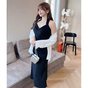 เดรสสายเดี่ยวคอปกสำหรับผู้หญิงไซส์ใหญ่ เอวธรรมชาติ สีดำ สีแดง โพลีเอสเตอร์ N8425 - Product Image 1