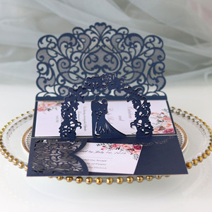 Cartes de vœux 3D découpées au laser européennes et américaines en stock, invitations de mariage, invitations de fêtes, cartes d'invitation de mariage bleu profond - Product Image 4