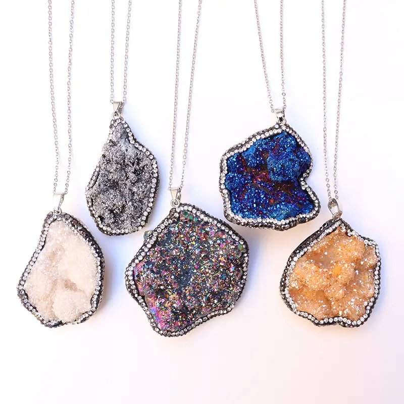 Natural Crystal Family Irregular Pendant Colorful Crystal Agate Stone Spot Diamond Necklace Pendant DIY Jewelry