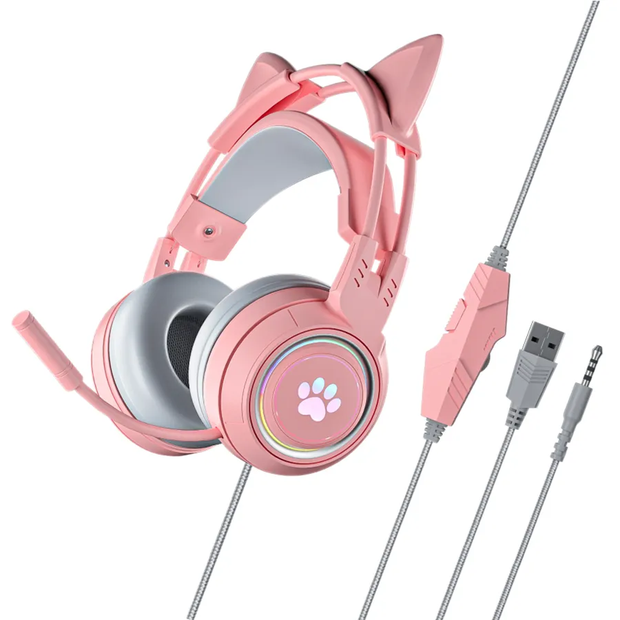 Headphone Gaming Berkabel, 7.1 Gadis Imut 3D Surround Efek Suara Atas Telinga Headset Noise Cancelling USB