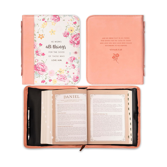 Christian Art Gifts Women's Fashion Bible Cover He Works All Things for Good Romans 8:28 Bible Case Cover Women