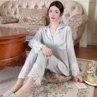 Piyama Wanita ODM Elegan Kasual Bahan Sutra Es Bernapas Musim Semi/Panas Lengan Panjang Satin Celana Panjang Pinggang Elastis Mewah Kelas Atas